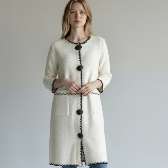 Y2K Cream Cardigan Knit Long Duster Bohemian Black Trim Funky Large Buttons Sz L - Picture 11 of 11